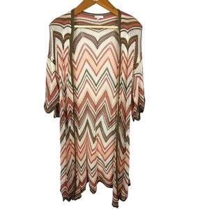 Long Crochet Chevron Cardigan Women XL Shark Tooth Hem Boho Knit Indie Earthy